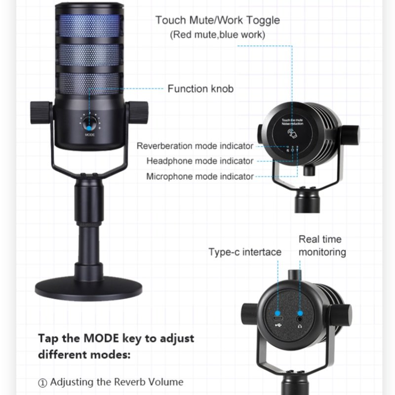 Microphone M-PDO Professional Gaming Microphone with Noise Cancellation Bulit-in Reverbreation Podcast Gaming Microphone(pic6)