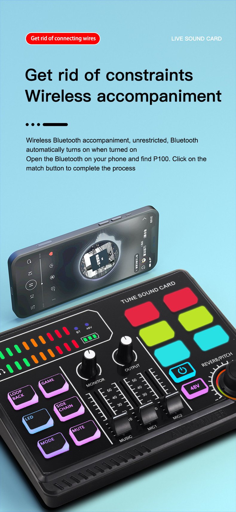 Factory directly selling Sound Card Full Kit P100 With 48V BM800 Large Diaphragm Microphone Sound Card For Live Streaming(pic6)